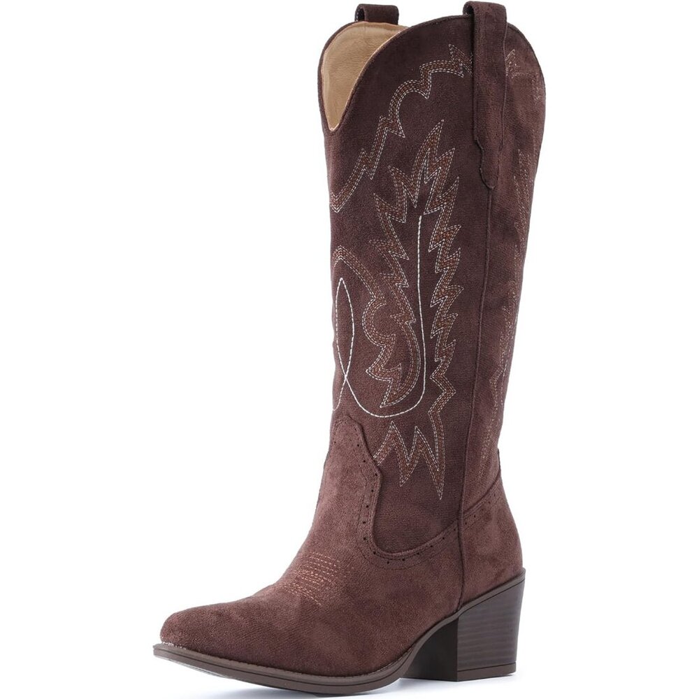 Women's Coffee IUV Cowboy Boots Western Mid Calf Snip Toe Heel Cowgirl Boots - Picture 2 of 5